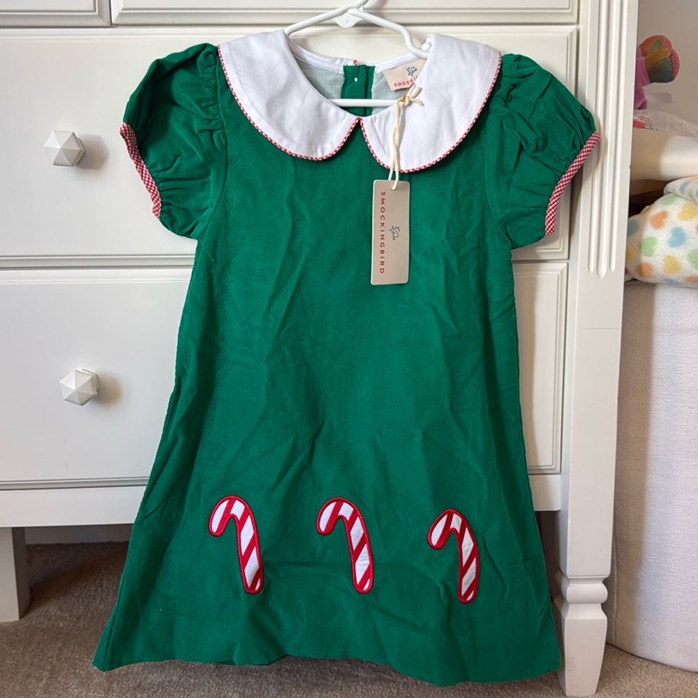 Smockingbird candy cane appliqué green corduroy dress. Size 4t. New with tags.